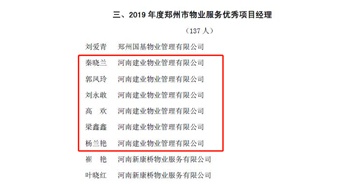 2020年1月6日,，建業(yè)物業(yè)鄭州區(qū)域城市花園片區(qū)環(huán)境專家秦曉蘭,、森林半島片區(qū)管家專家郭鳳玲、森林半島片區(qū)高級經(jīng)理劉永敢,、城市花園片區(qū)經(jīng)理高歡,、聯(lián)盟新城片區(qū)管家專家梁鑫鑫、二七片區(qū)環(huán)境專家楊蘭艷獲評“2019年度鄭州市物業(yè)服務(wù)優(yōu)秀項目經(jīng)理”榮譽稱號,。